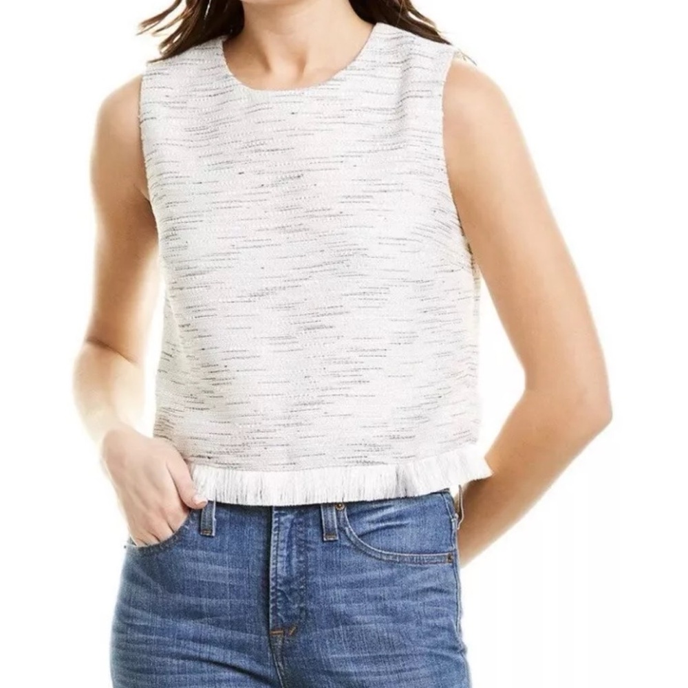 Laundry by Shelli Segal White Mix Fringe Hem Sleeveless Tweed Top Women’s Size 4